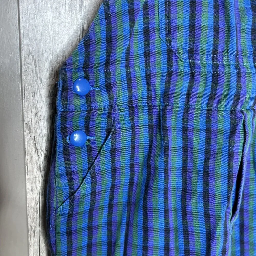 Vintage Gymboree Overalls Rainbow Tag Plaid Size M 2T - 3T Blue Green